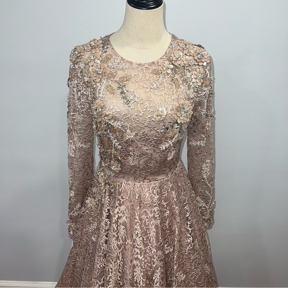 Mac Duggal Embellished Illusion Long Sleeve A line Gown In Mocha Pink - Reemoly - Picture 7 of 17